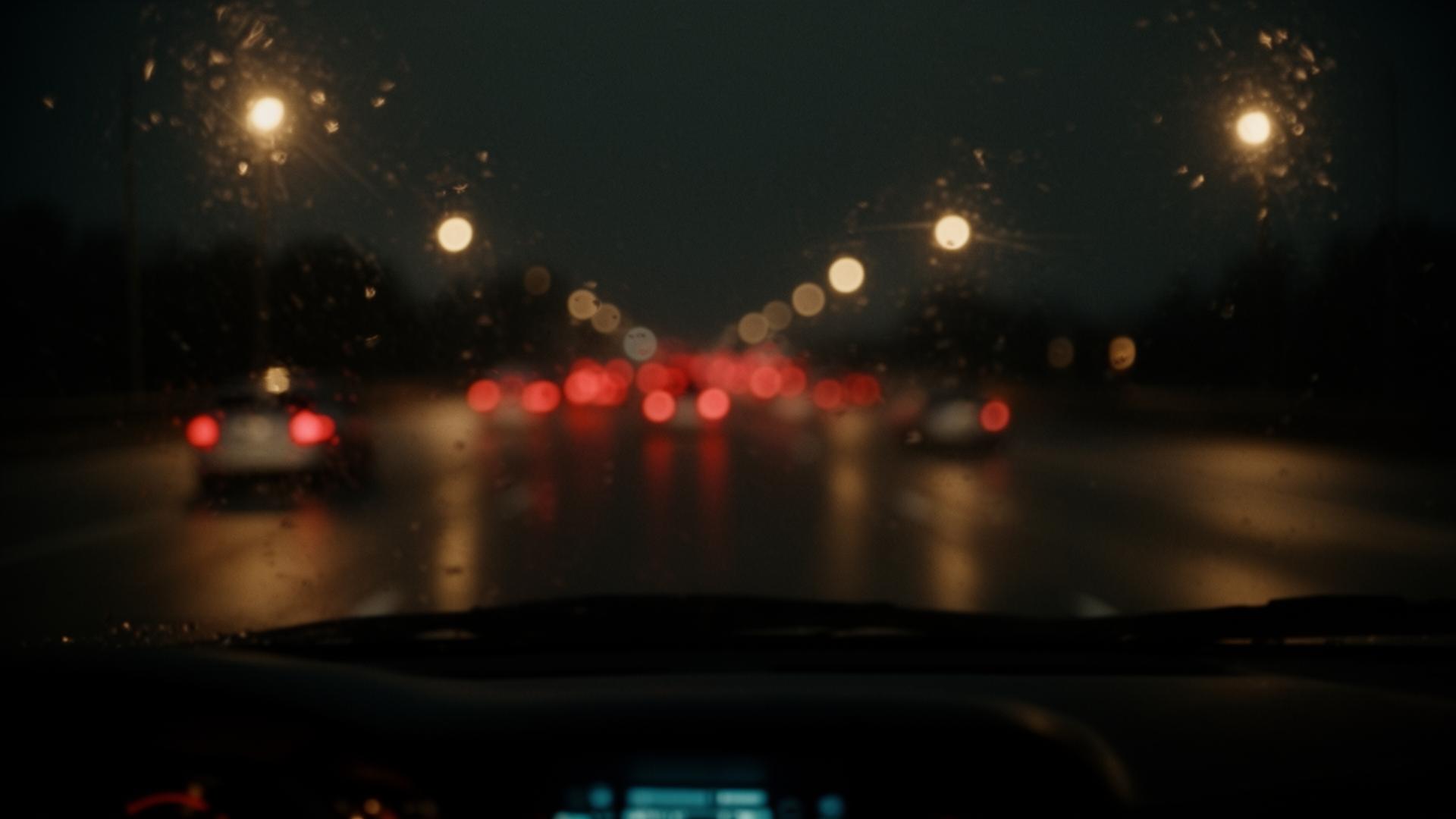 Conduciendo de noche bajo la lluvia por una freeway en Estados Unidos